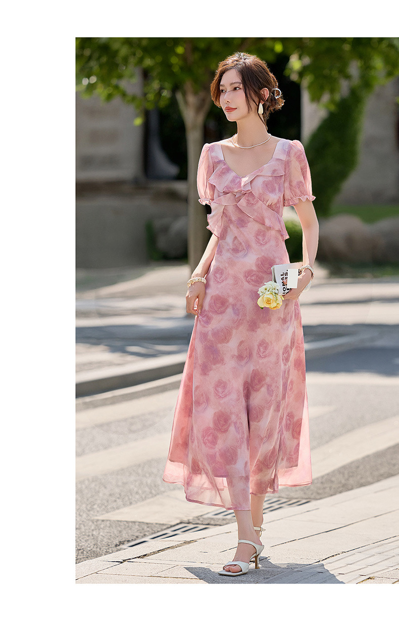 Đầm maxi nữ thắt eo in họa tiết hoa mùa hè tay ngắn — màu tím, Màu hồng chi tiết 20