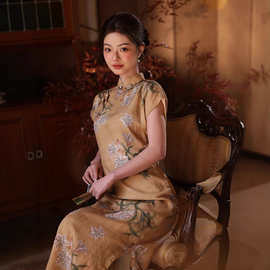新中式古法全开襟旗袍女高级感2025夏季天丝亚麻黄色改良年轻款长