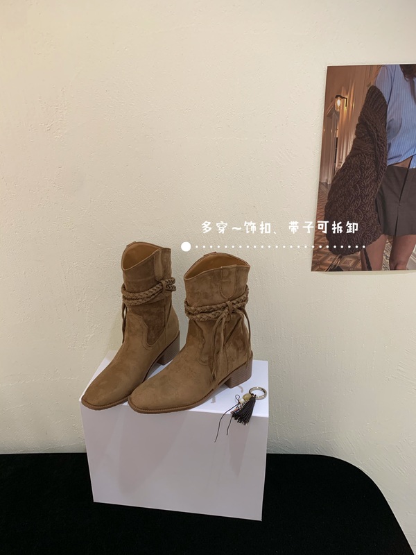 2025秋冬新款流苏粗跟短靴女尖头内增高西部牛仔靴骑士高筒靴两穿|undefined