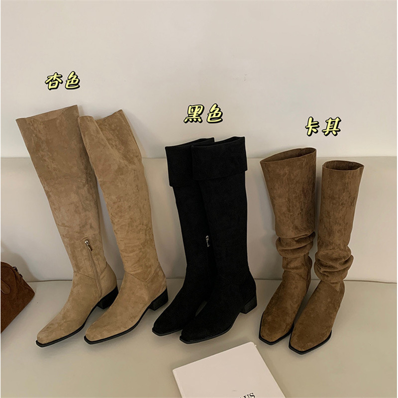 羊皮版！法式瘦瘦靴不过膝高筒弹力靴女绒面褶皱堆堆靴骑士靴|undefined