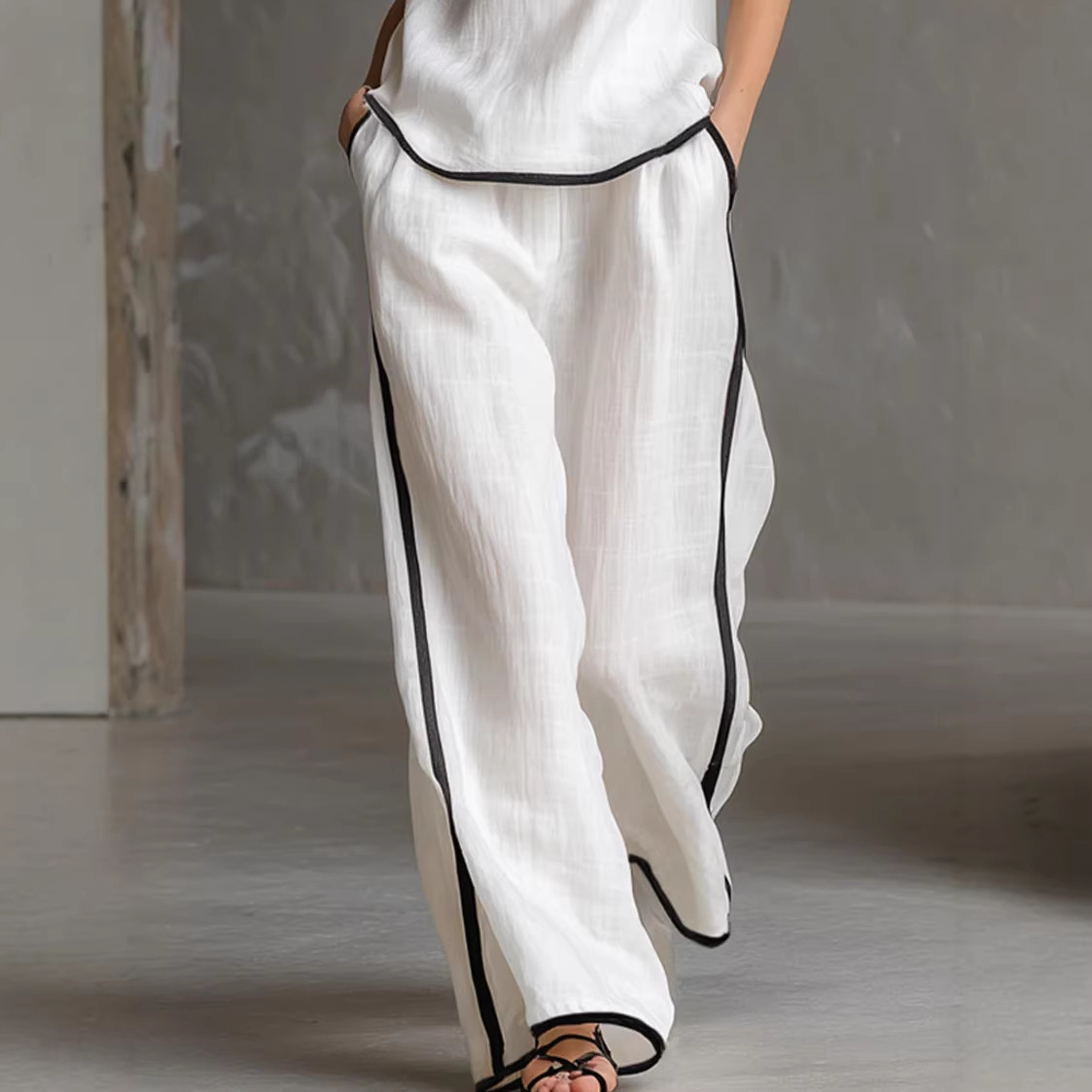 Spring/Summer Women's Sleeveless V Neck Color Block Trim Simple Elegant Comfortable Style Set Black_ecoleips.com