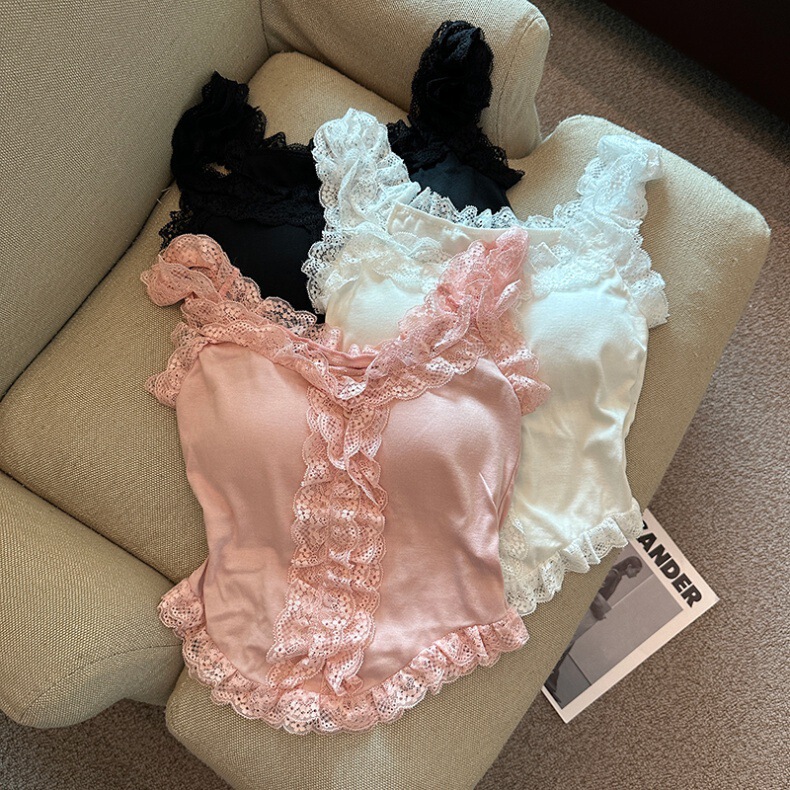 Sweet Lace Camisole Women's Summer Pure Sexy Curved Hem Tube Top with Chest Pad