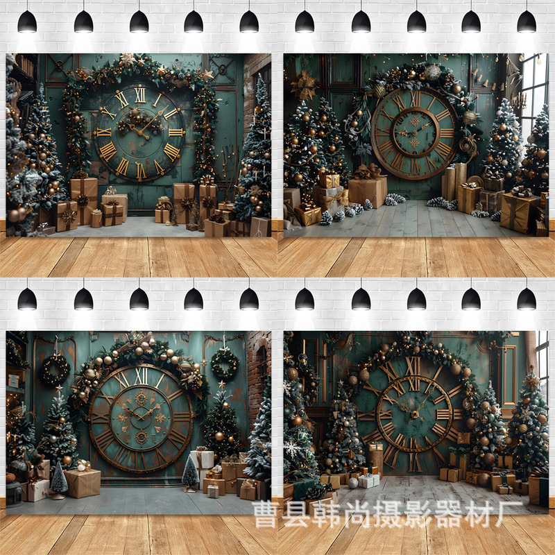 New Christmas Background Cloth Christmas Clocks Winter Christmas Gifts Holiday Party Decoration Children Photography Background Cloth