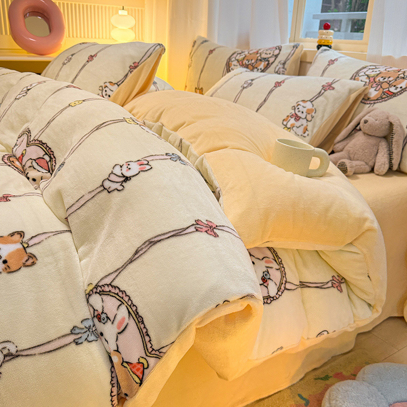Invierno engrosado 2025 nuevo conjunto de cuatro piezas de lana de leche de doble cara edredón de coral sábanas de tres piezas