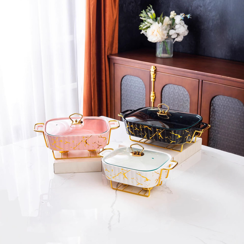 Casserole Marble-Patterned Baking Dish Bake Ware Golden Iron Frame Soup Pot Marble-Striped Baking Dish