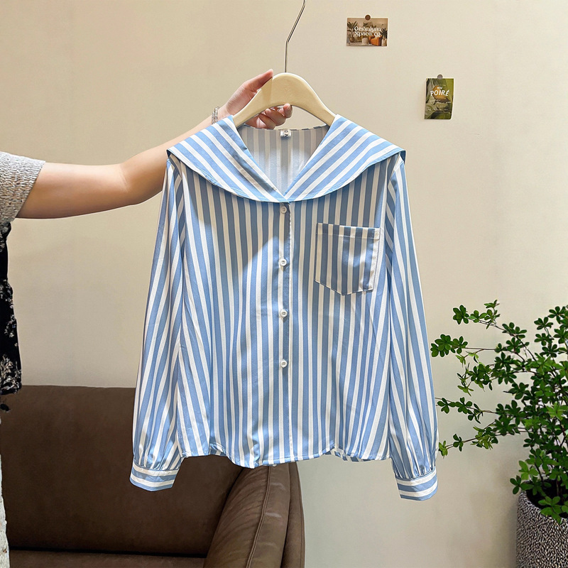 Blue Stripesd Navy Collar Long-Sleeved Shirt 2025 Spring New Women's Korean Chic Chic Fashion Top