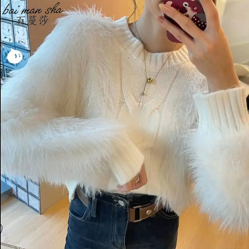Imitation Mink Velvet Design Soft Waxy High-end Crewneck Sweater Women's Autumn and Winter New Lazy Style Thickened Knitted Base Shirt