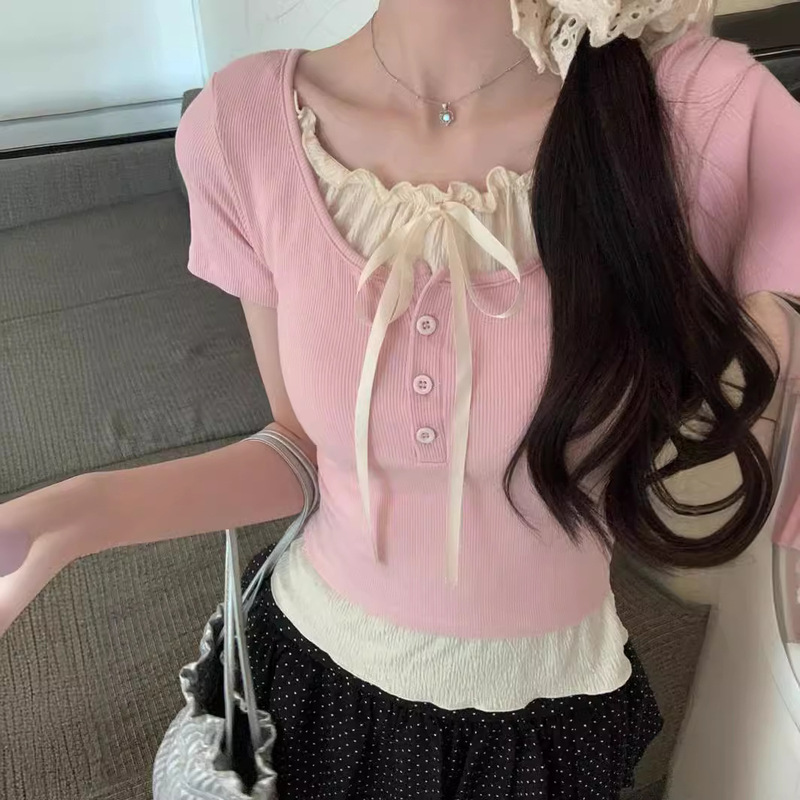 Summer Women's New BM Spice Girls Pure Sexy Bow Wood-ear Stitching Fake Two-piece Short-sleeved T-shirt Top