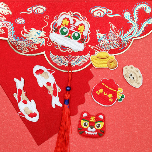Zhinuo Computer Spring Festival Festive Embroidery Cloth Stickers Couplet Firecracker Embroidered Patch Stickers New Year Festival Decorative Embroidered Labels