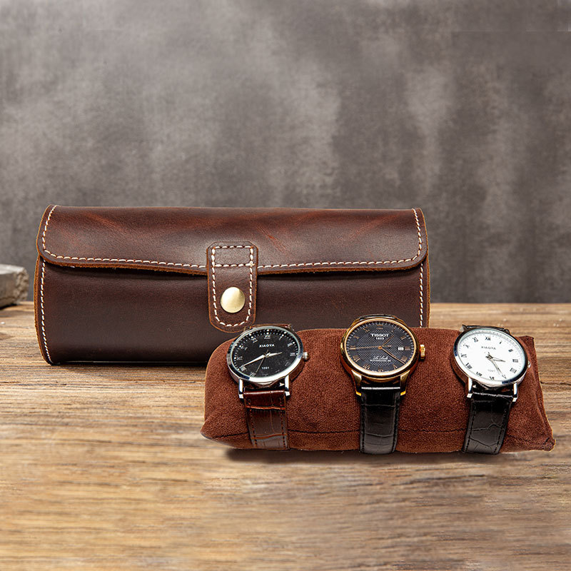 真皮手表收纳盒三只装创意圆形搭扣表袋户外旅行手表盒一件代发