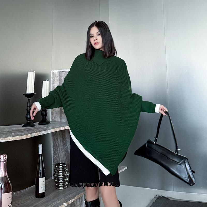 欧美慵懒风不规则蝙蝠袖针织衫2025秋冬新款宽松遮肉高领纯色毛衣