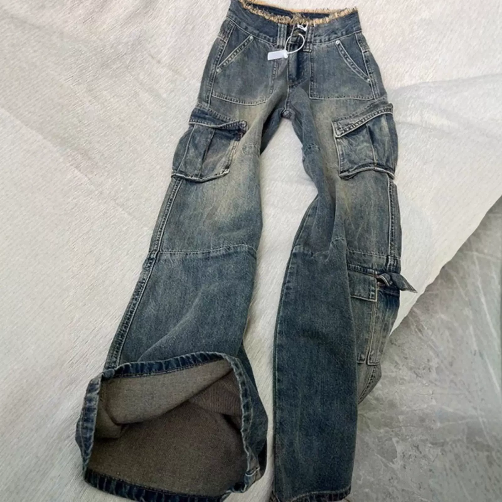 【韩牛】美式复古多口袋牛仔工装裤女秋冬新款宽松小个子直筒裤