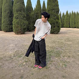 美式高街vibe字母印花ins夏季男士t恤短袖复古小领口纯棉重磅上衣