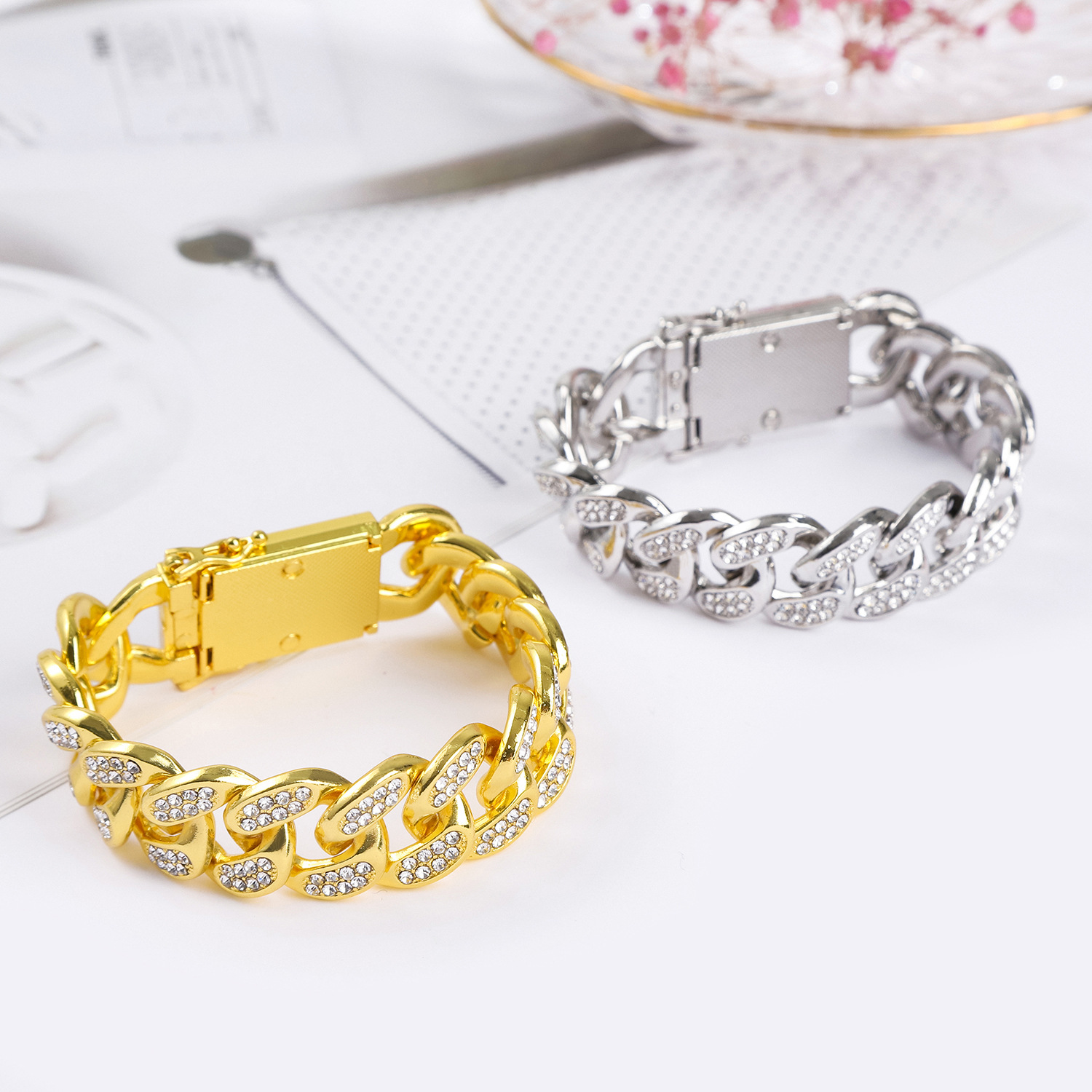 Men's double row diamond hip-hop style bracelet, grand and exaggerated Cuban bracelet_voghion.com