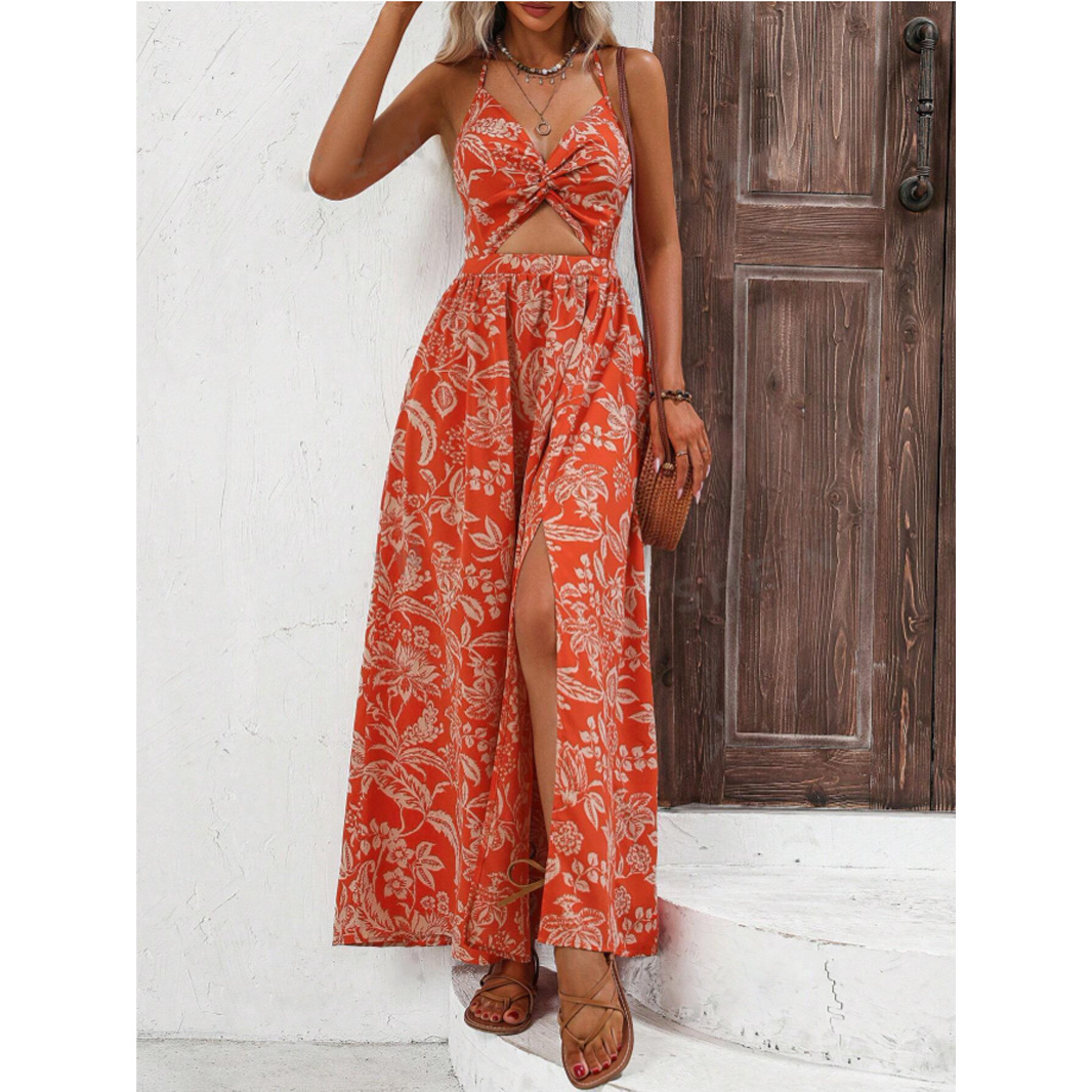 Women Summer Printed Twist Front Chest Back Tied Spaghetti Strap Dress
