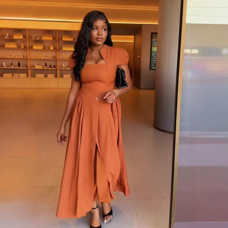 2026 Summer New European and American Cross-Border Women's Fashion Elegant Waist-Cinching Slimming Solid Color Flared Dress 2026 Summer New European and American Cross-Border Women's Fashion Elegant Waist-Cinching Slimming Solid Color Flared Dress