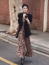 英伦老钱风复古套装女秋季新款宽松西装外套印花连衣裙两件套