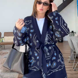 欧美跨境2025秋冬新款超大流苏刺绣披肩开衫宽松系带收腰针织衫女