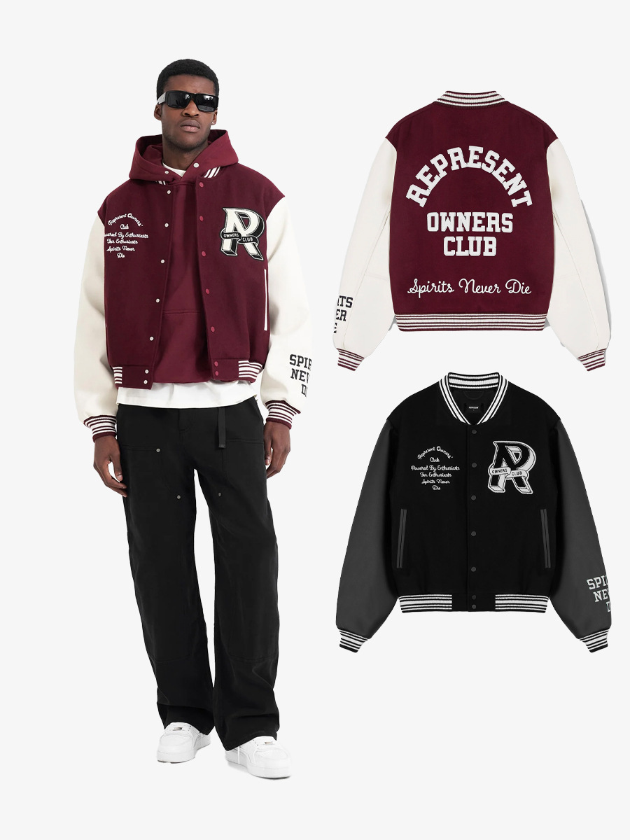 跨境潮牌 REPRESENT 字母刺绣植绒皮袖拼接棒球服男开衫夹克外套