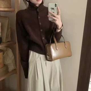 女士法式高领毛衣春秋加厚针织打底羊毛衫短开衫外套100纯羊毛衫