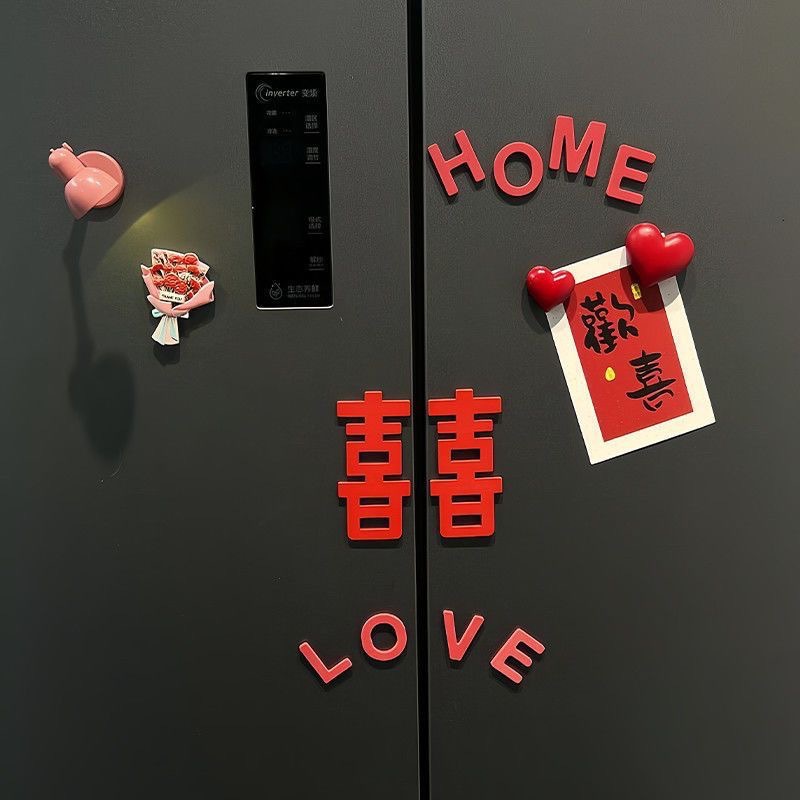 Red Heart and Happy Word Refrigerator Magnet Wedding Room Layout Magnetic New House Engagement Wedding Decoration Ornaments Scene Layout