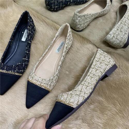  Spring New Fairy Wind Chain Color Block Flat Sole Women's Korean Style Versatile Pointed Toe Open Mouth Soft Sole Scooter Shoes