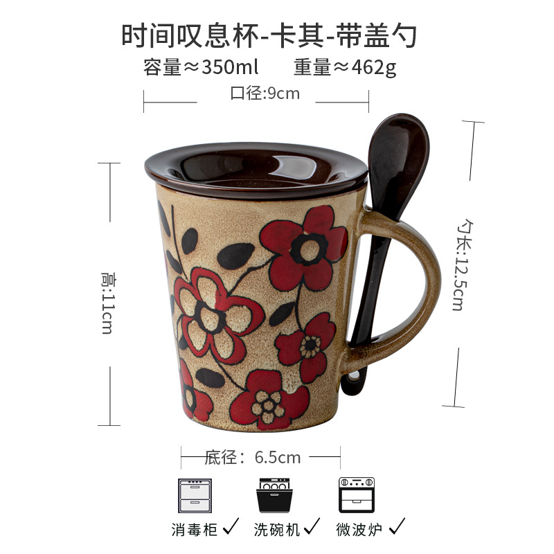 Taza de café de diseño original pintada a mano estilo nacional taza de cerámica con cuchara de tapa taza roja de alto valor de cara regalo de cumpleaños