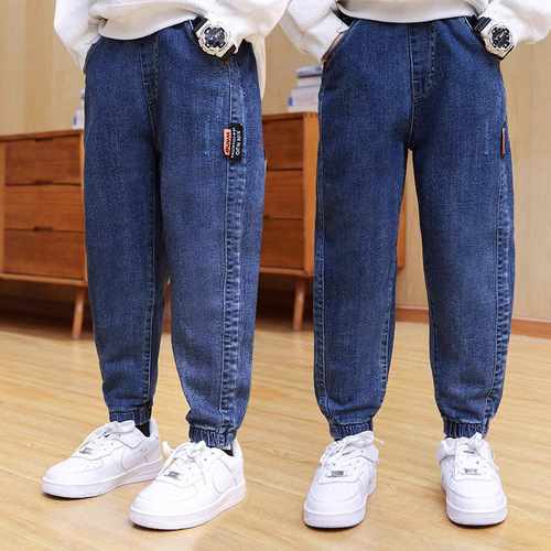 Children's Boys Washed Soft Jeans Spring Pants 2024 New Style Unisex Big Kids Fashion Spring Pants Trendy