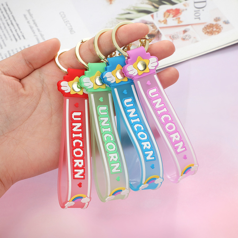 Cute wings creative rainbow letters key chain pvc soft rubber bag doll car key chain pendant gift