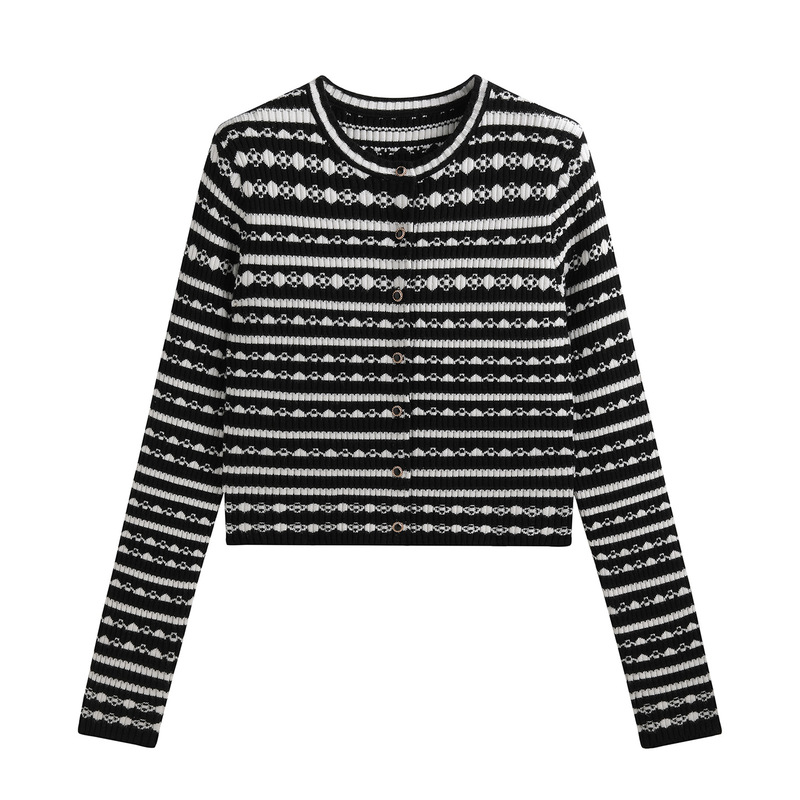 Black and White Contrast Stripesd Long-Sleeved Knitted Cardigan Jacket for Women 2025 Early Autumn New Sexy Slim Short Top