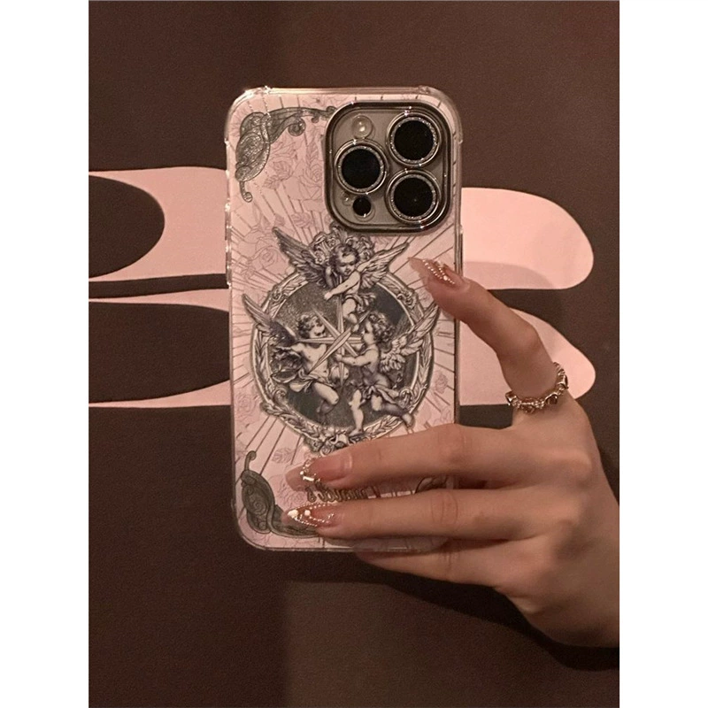 Чехол для телефона (Apple iPhone) ретро «Купидон», перьевой эффект, блёстки для камеры, универсальный
