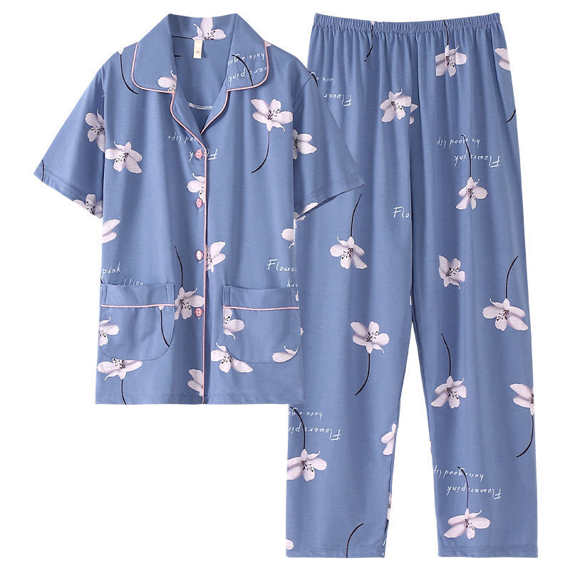 Pijama de algodón para mujer Pantalones de manga corta de verano más traje de chaqueta de mediana edad y madres de edad avanzada