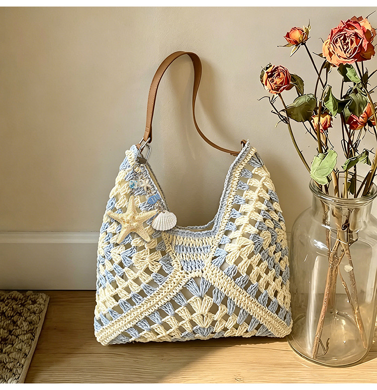 Bolsa de tela de paja de gran capacidad de color extranjero, bolsa de hombro casual de moda junto al mar, bolsa de tote simple