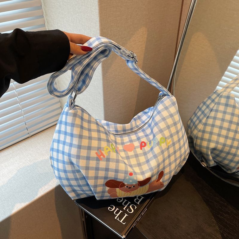 New cute Dachshund box checkered single-shoulder bag for girls, cartoon crossbody canvas bag for girls, and commuting bag for girls' classes full figure