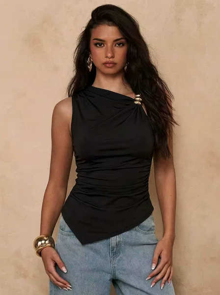 European and American Cross-Border Amazon 2026 Metal Buckle Solid Color Irregular Pleated Slim-Fit Sleeveless Tank Top for Women