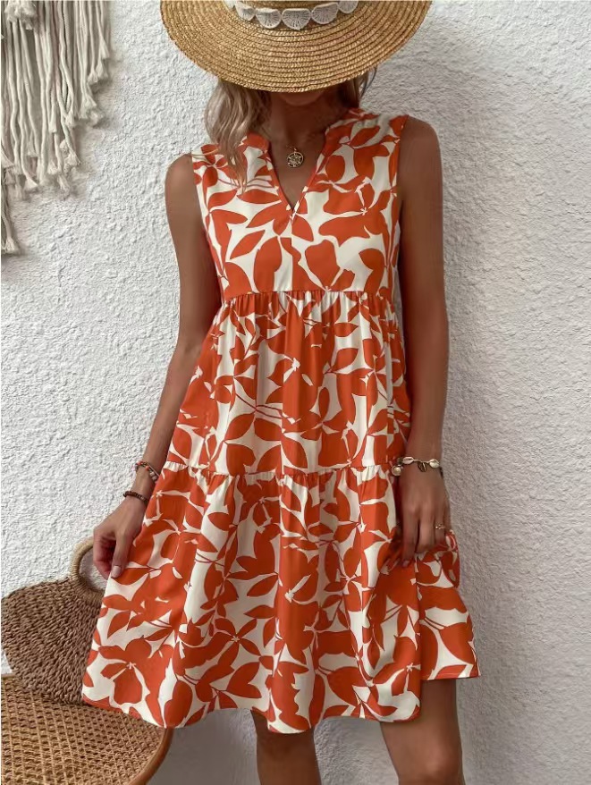 Women's Clothing Women's V Neck Sleeveless Dress Summer Fashion Printed Dress For Formal & Casual For Women_ecoleips.com