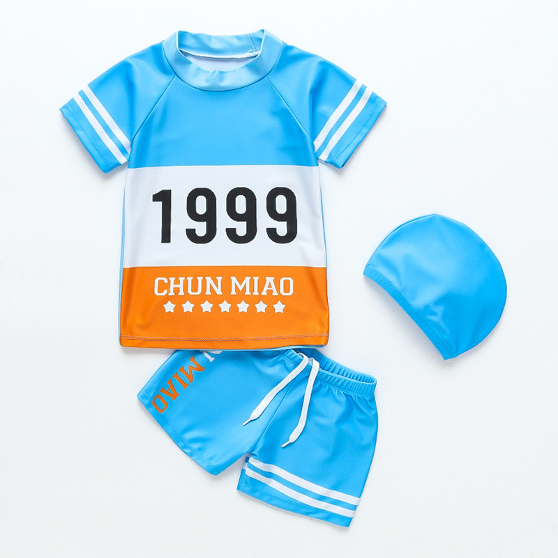 Traje de baño para niños de 2 a 8 años dividido para niños traje de baño de dibujos animados lindo conjunto de dos piezas con gorro de natación traje de baño