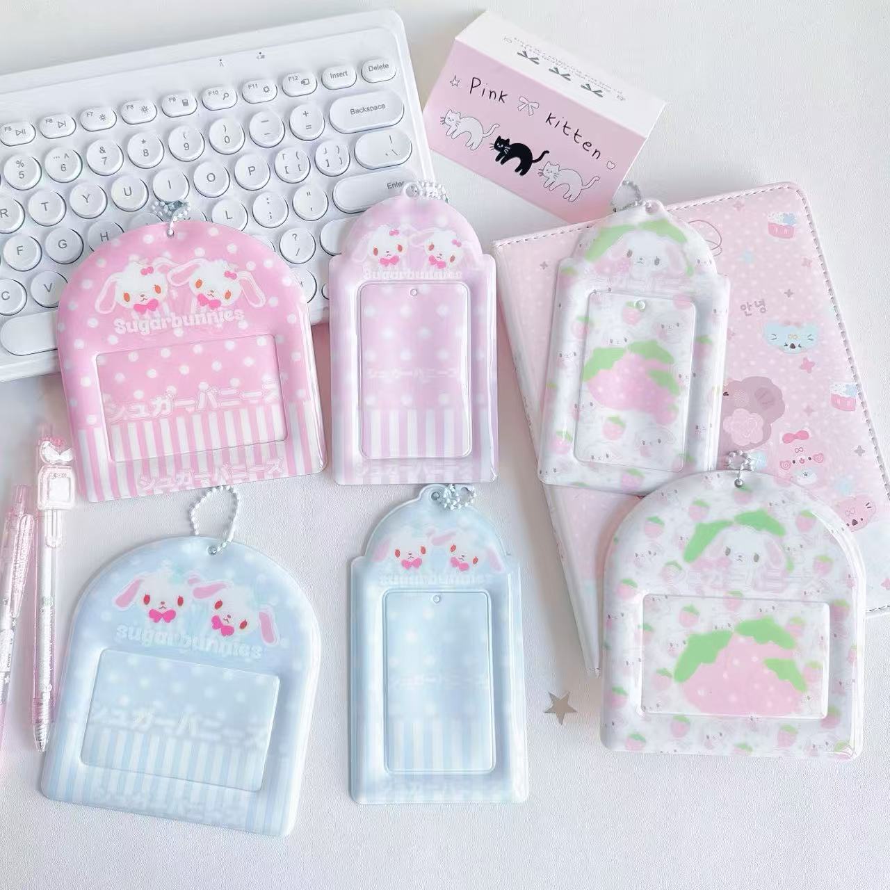 Cute Strawberry Couple Rabbit Card Holder for Instax Photos, Idol Cards, Campus Cards, Fan Merchandise Storage and Display Pendant