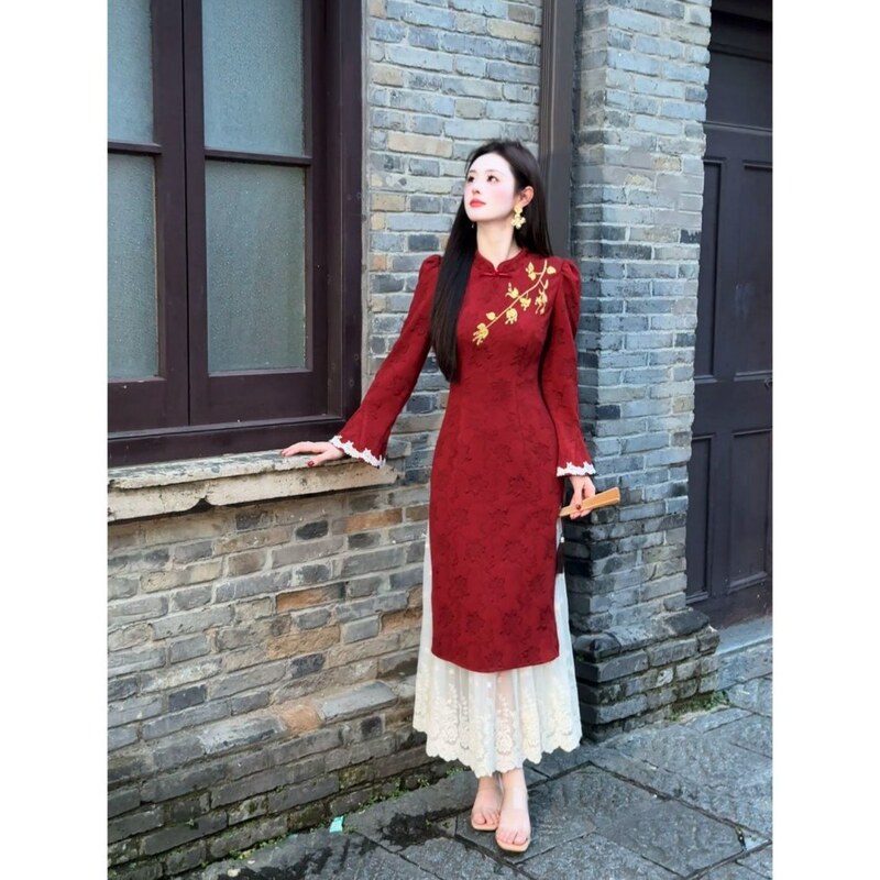 [Jin'An] New Chinese Style Heavy Jacquard Autum New Embroider Splicing Fake Slimming Look Two-Piece Cheongsam Dress