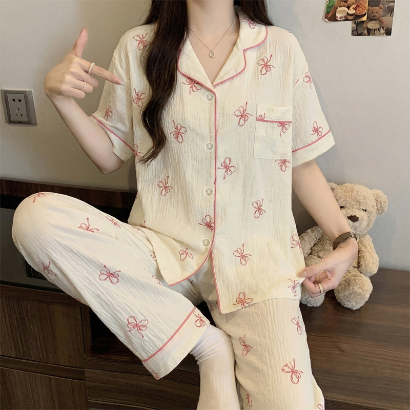 Sweet Bow-Knot Printed Cloud Cotton Skin-Friendly Soft Summer Short-Sleeved Long Pants Pajamas Home Wear Two-Piece Set