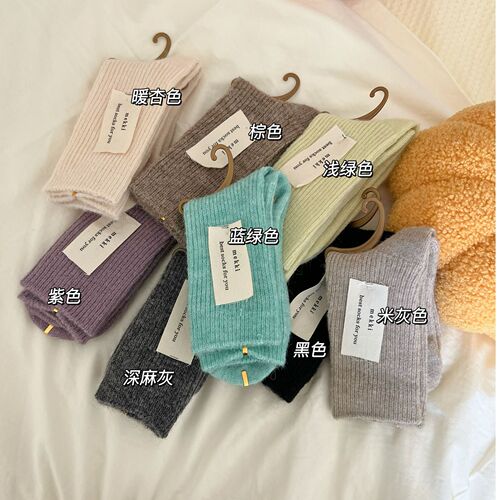  autumn and winter new thickened wool mid-calf socks women's confinement floor socks warm solid color heating wool pile socks