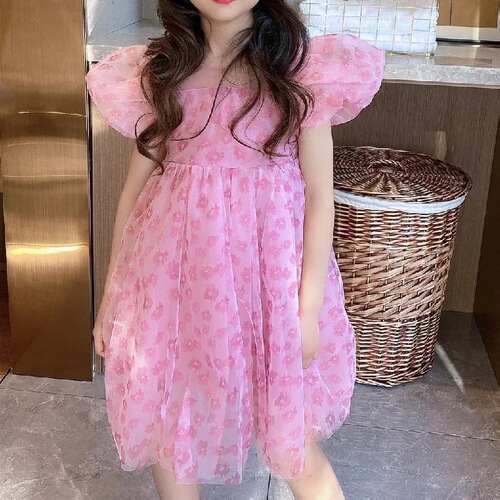 Girls' Summer Dress 2024 New Sweet and Trendy Net Princess Dress for Little Girls with Bubble Sleeves and Floral Print