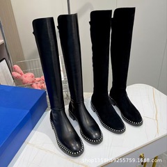 高版2025秋冬新款真皮珍珠低跟高筒显瘦弹力瘦瘦靴过膝长靴骑士靴