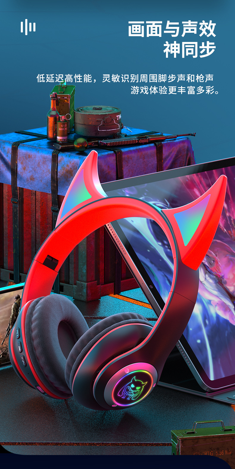 Glänzende und stilvolle Bluetooth-Kopfhörer mit Teufelskopf-Design, hochauflösende und klare Soundqualität, Sport-Gaming-Kopfhörer mit langer Akkulaufzeit