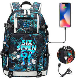 意大利six seven USB耳机初高中学生书包男女休闲旅行双肩背包