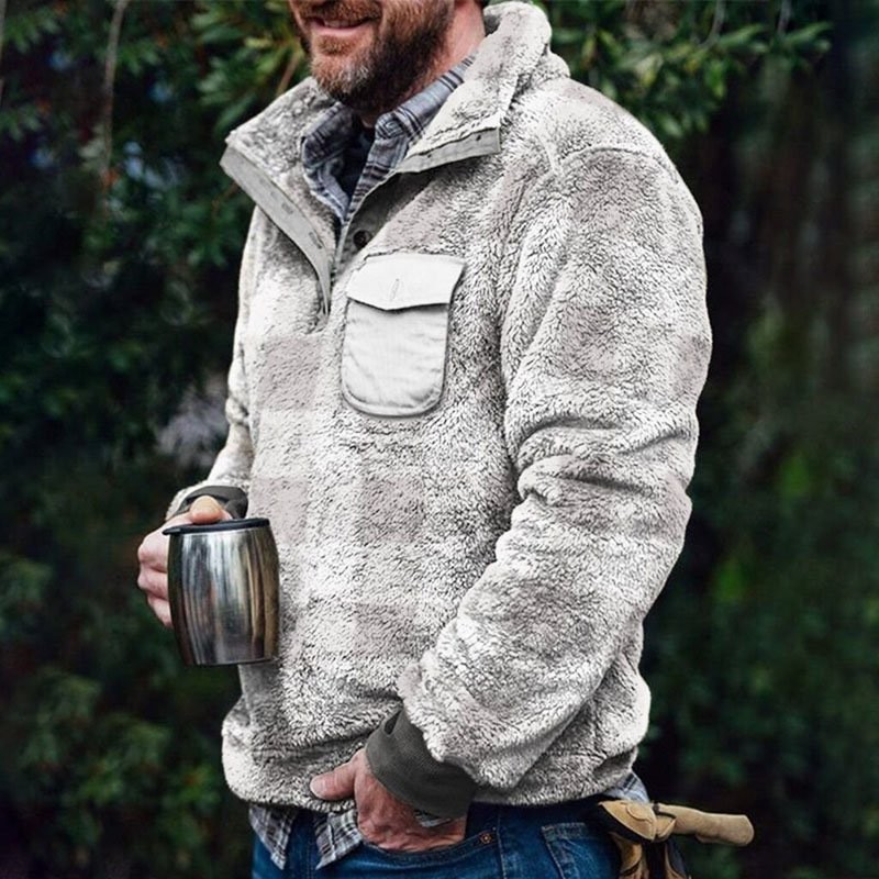 Hanorac cardigan pufos cu două fețe în carouri pentru bărbați, toamna și iarna 2024, jachetă de pluș la modă_voghion.com