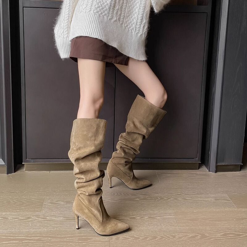 Denim Slouchy Boots with Pointed Toe and Thin High Heels for Women, 2026 New Model, Suede Ultra-Long High-Top Over-The-Knee Khaki Boots