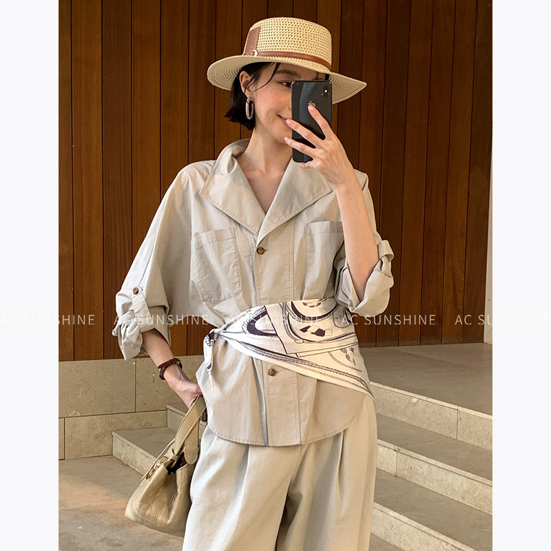 Ac Sunshine Knot Pattern Color-Block Silk Scarf Breathable Cotton Relaxed Fit Lapel Shirt Women's Top 19575 Ac Sunshine Knot Pattern Color-Block Silk Scarf Breathable Cotton Relaxed Fit Lapel Shirt Women's Top 19575