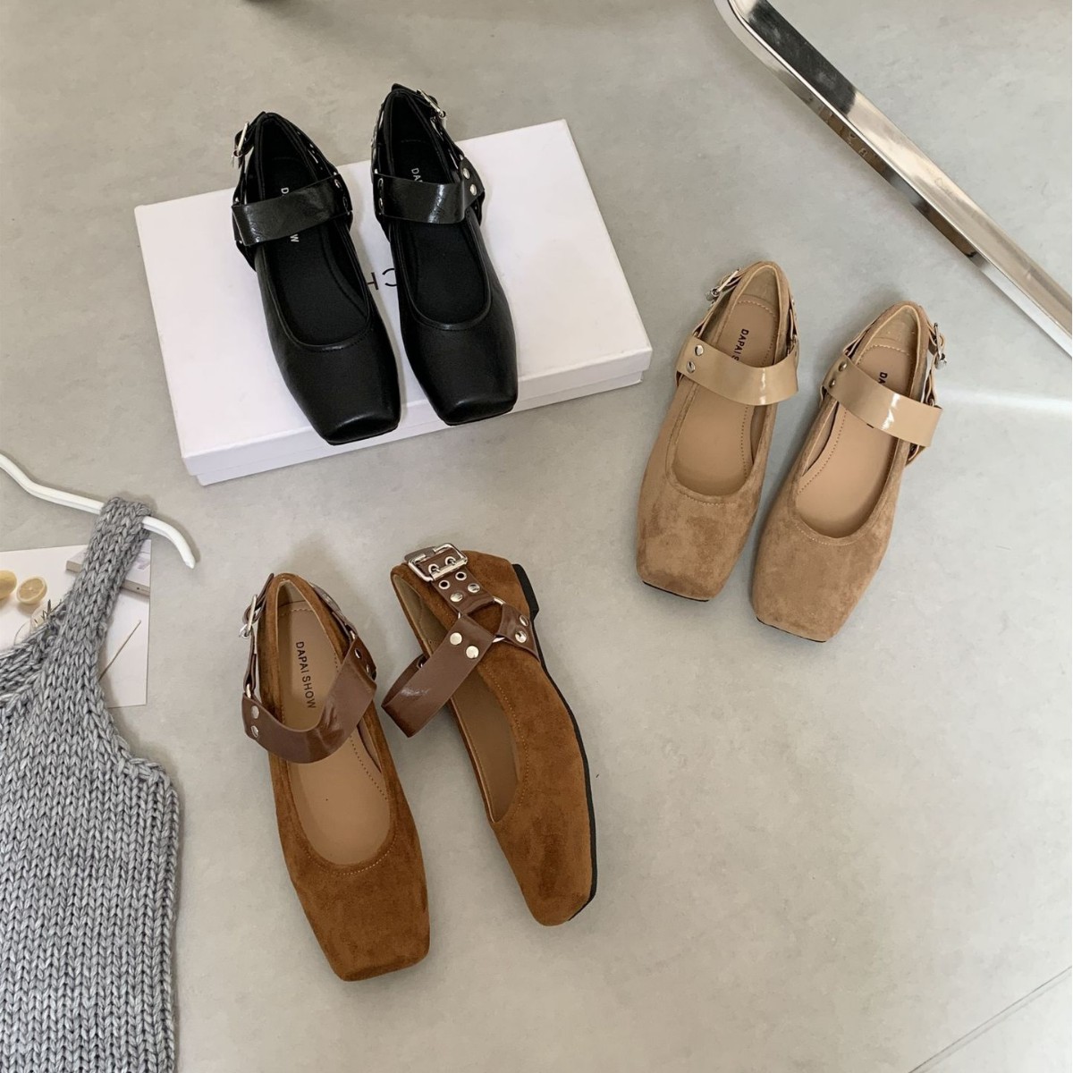 2025 Autumn and Winter Metal Rivet Belt Buckle Mary Jane Shoes Women's Retro Square Toe Ballet Inner Height Increasing Women's Shoes