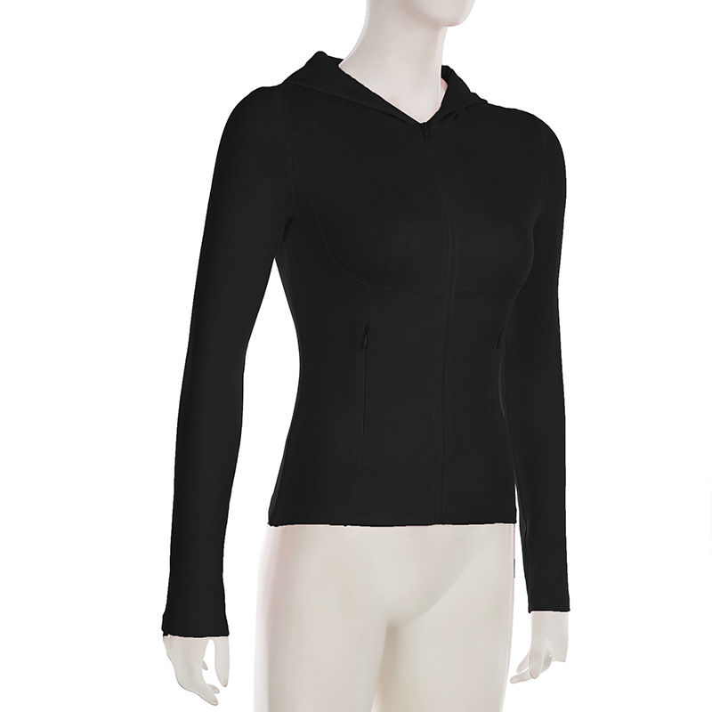 Solid Color Sports Fitness Running Top Yoga Slim Fit Fall Winter Outer Wear Hooded Zipper T shirt for Women